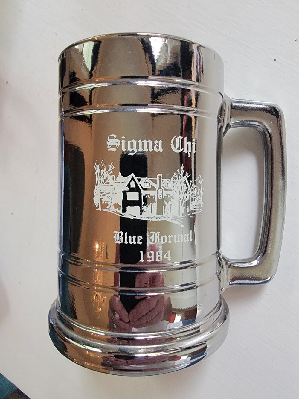 SIGMA CHI BLUE FORMAL DANCE MEMENTO GLASS AND CHROME BEER STEIN.
